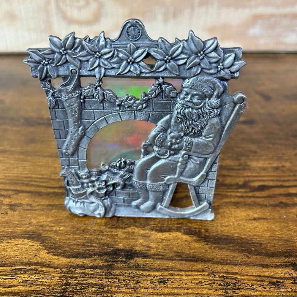 Vintage pewter votive candle holder Santa clear iridescent glass Christmas